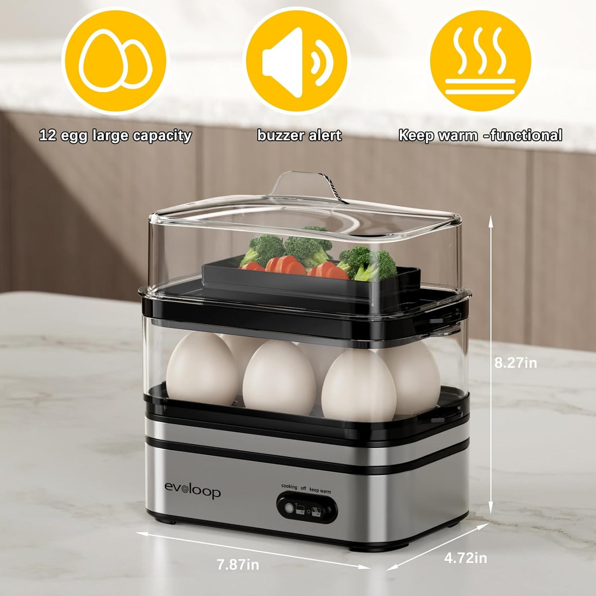 12 Evoloop Rapid Egg Cooker Electric Eggs Capacity, Soft, Medium, Hard Boiled, Poached, Omelet Maker Egg Poacher