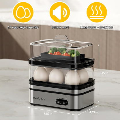 12 Evoloop Rapid Egg Cooker Electric Eggs Capacity, Soft, Medium, Hard Boiled, Poached, Omelet Maker Egg Poacher
