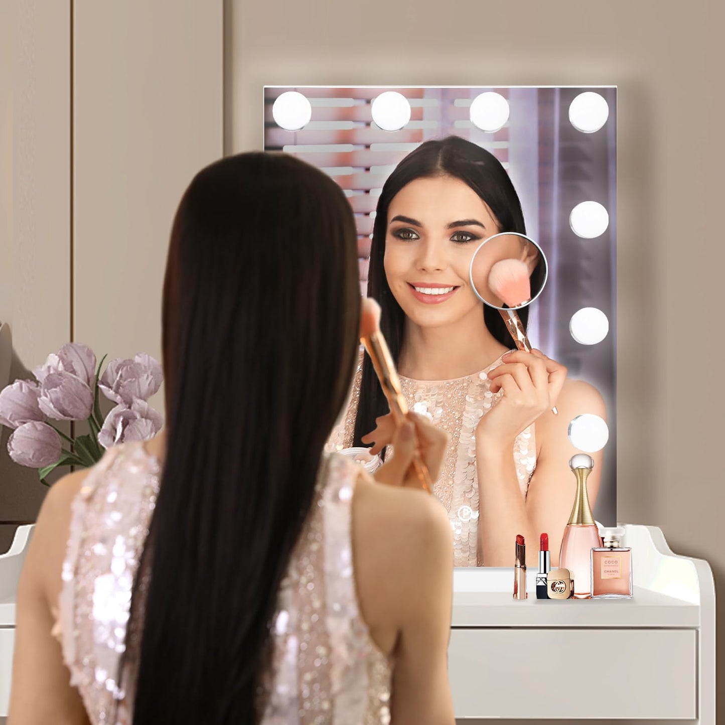 Hollywood Vanity Mirror with Lights, 15 Dimmable Bulbs, 3 Color Lights,Make Up Lighted Mirror, Aluminum Metal Frame, USB Charging Port（23" x 18"）