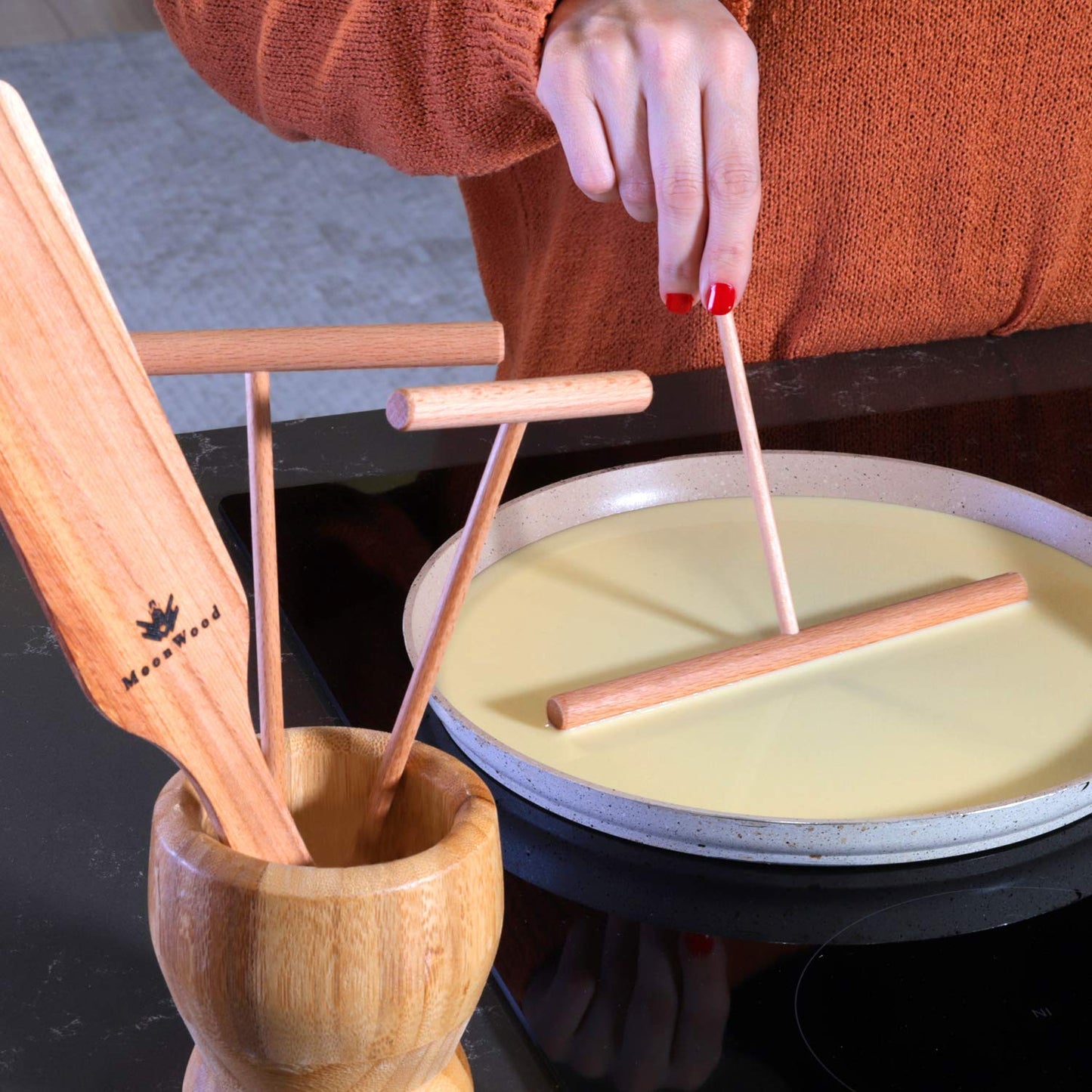 Crepe Spreader Set with Turner, 4-Piece Wooden Batter Tools (3.5, 5, 7, 12 Inch), T-Shaped Design for Pancakes and Griddle Cooking