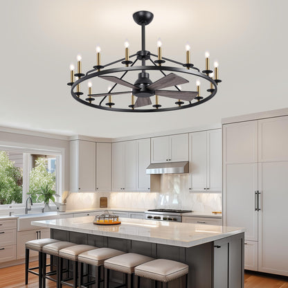 44" Wagon Wheel Chandelier with Fans, Black and Gold Wagon Wheel Ceiling Fan with 16-Light and Remote, Farmhouse Chandelier for Living Room, Adjustable Height, 6-Speed Reversible Quiet Large Fandelier