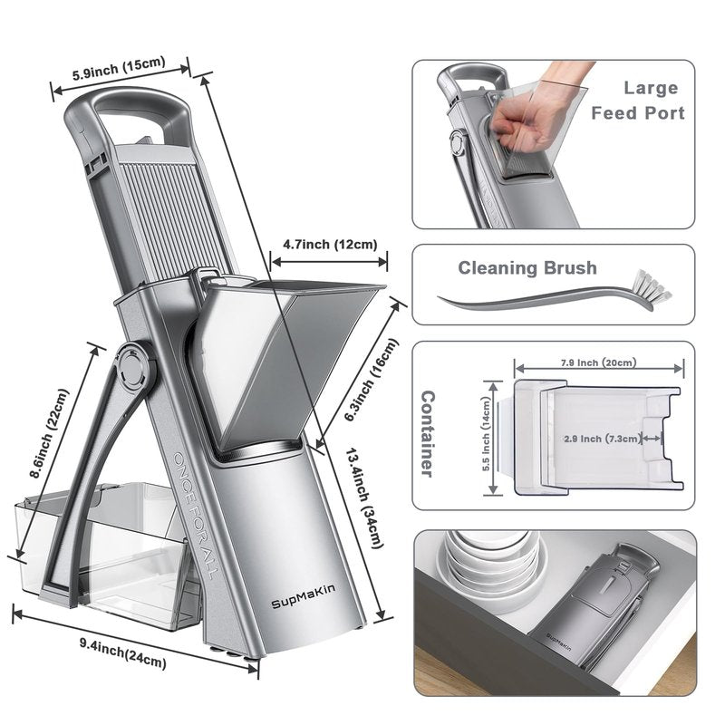 SupMaKin Upgrade Safe Mandoline Slicer for Kitchen,Adjustable Potato Slicer Vegetable Onion Chopper, French Fry Cutter, Include Vegetable Peeler(Gray)