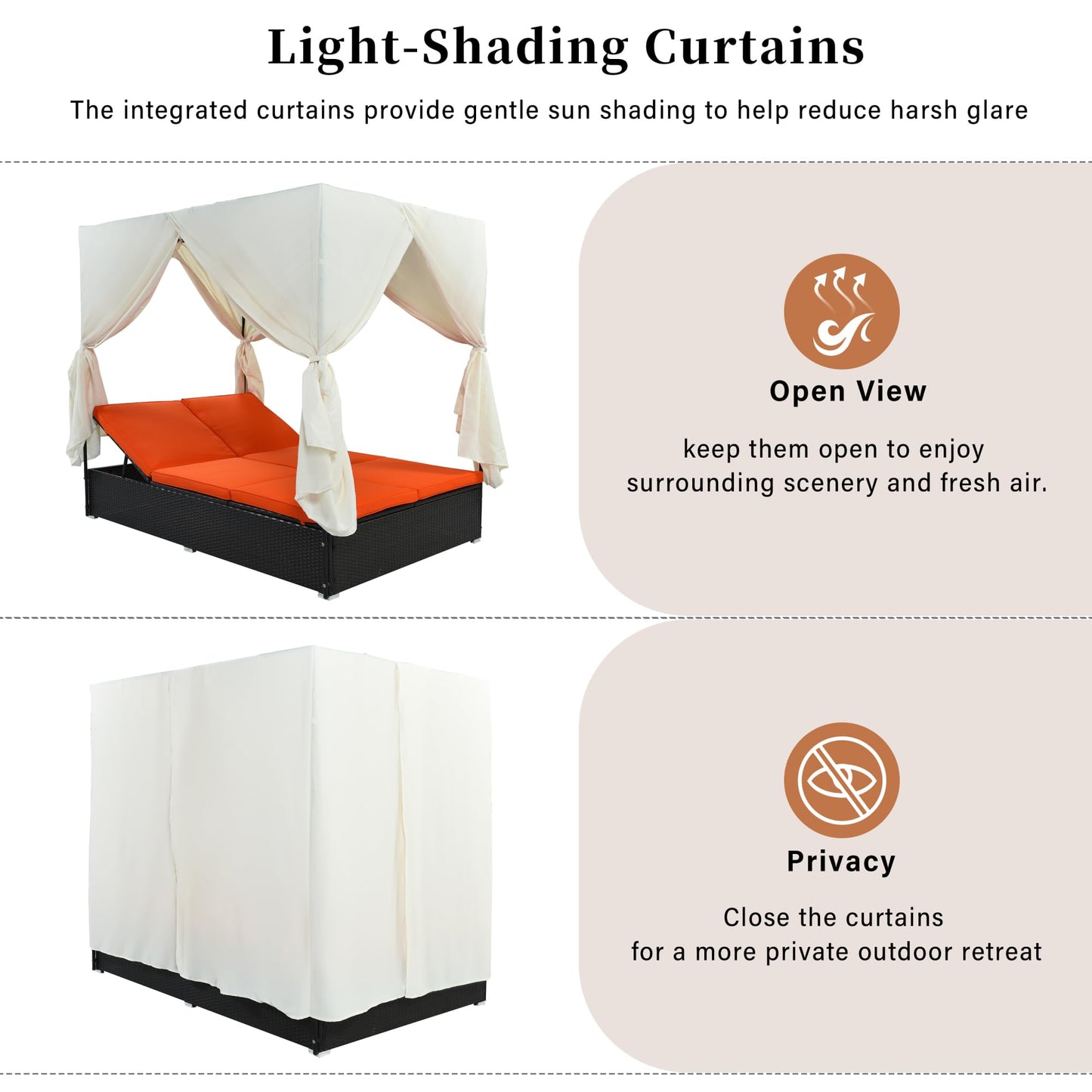 roomfitters Luxury Cabana Vibrant Orange Outdoor Double Chaise Lounge Patio Daybed with Privacy Curtains and Adjustable Reclining Backrest