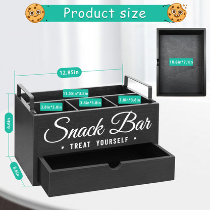 Snack Organizer for Countertop, Wood Pantry Storage Bins with Handles, Snack Bar Organizer for Kitchen, Office, 4 Compartment Food Container Snack Box with Drawer, Pantry Organizer for Chips, Candy