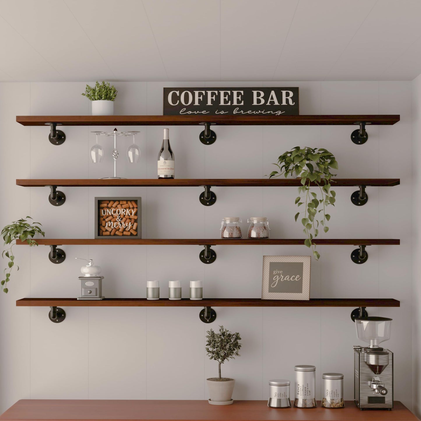 IEO Industrial Pipe Shelving Shelf,Wall Shelves Wood Shelf:Kitchen Shelves, 60 Inches Wood Long Floating Shelves for Wall Farmhouse Pipe Book Shelves Dark Brown for Decor and Bar Shelving