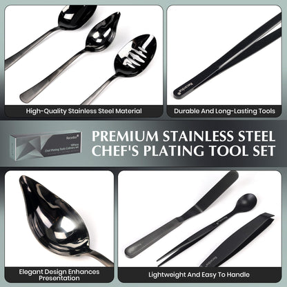 Recsrdce 9-Piece Professional Culinary Plating Set, Black Stainless Steel Chef Tools with Storage Roll & Cleaning Cloth, Ideal for Food Presentation & Fine Dining