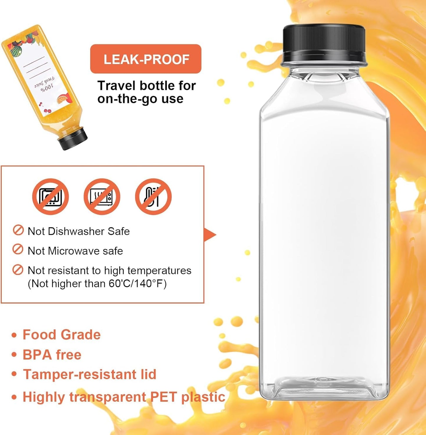 OBKJJ 40 pcs 12oz Pcs Juice Bottles, Juice Bottle with Caps Reusable Empty Clear Bottles with Label, Funnel, Brush Bulk Beverage Containers for Juicing, Drinking, Smoothie and Other Beverages (12-OZ)