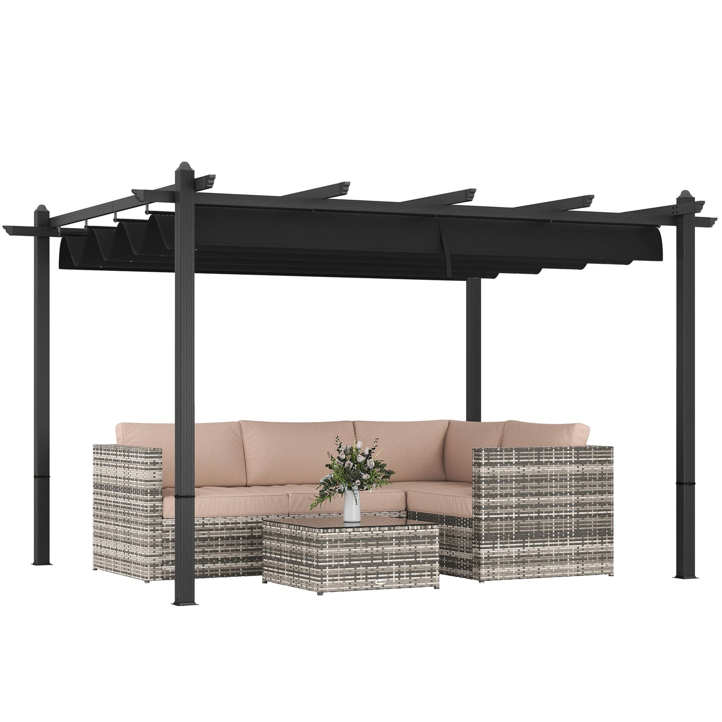 Outsunny 10' x 13' Retractable Pergola Canopy, Wood Grain Aluminum Pergola, Outdoor Sun Shade Shelter for Grill, Garden, Patio, Backyard, Deck, Gray