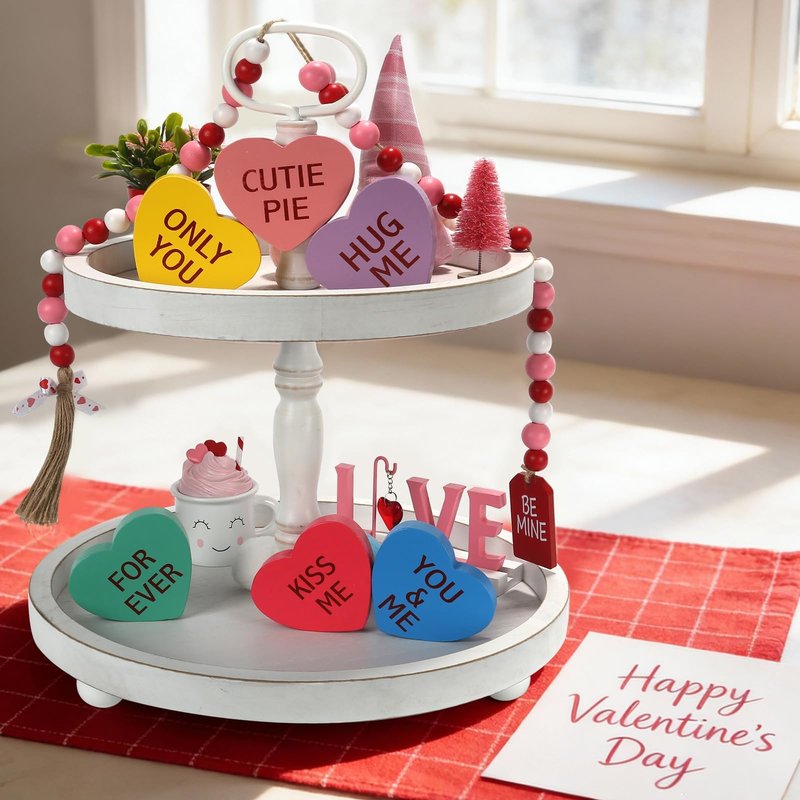 Valentines Day Decorations, 6 PCS Double-sided Wooden Valentine's Conversation Hearts for Tiered Tray Shelf Mantel Office Decor Freestanding Tabletop Wood Block Sweet Sayings for Home Decor Wedding