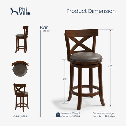 PHI VILLA 26 inch Counter Height Bar Stools Set of 4, Swivel Bar Stools with Back, Wooden Bar Chairs Faux Leather Kitchen Counter Stools