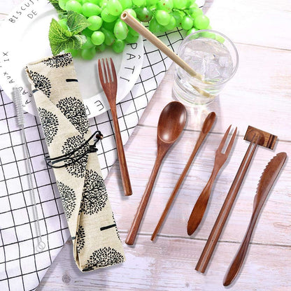 OKA Reusable Wooden Travel Cutlery Set, Japanese Style Lunch Utensil Set with Case, 9 Pcs Wooden Flatware.