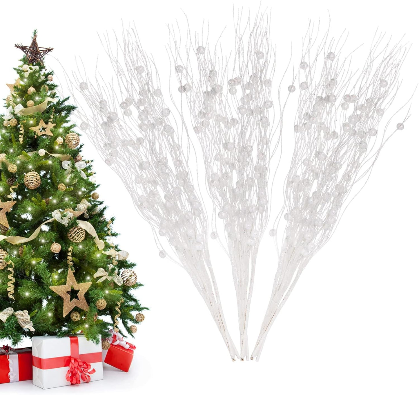24 Losris Christmas Artificial Glitter Berry Stem Decorations Decorative Bead Sticks Xmas Picks Glittery Twigs Branches