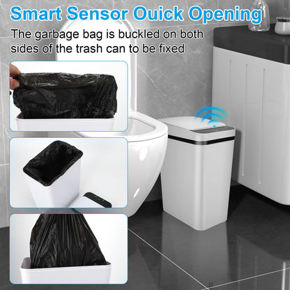 QSFWCSM 2 Pack Bathroom Trash can,Smart Touchless Trash Can,Automatic Motion Sensor Trash Bin with Lid,2.4 Gallon Garbage Can, Kitchen, Bathroom, Office, Bedroom Trash can (White+White)