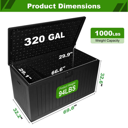 FammyLoft 320 Gallon Deck Box with 6 Waterproof Foot Pads, Resin Storage Box Weatherproof, Plastic Cushion Container with Lock and Lids for Pool Equipment, Black