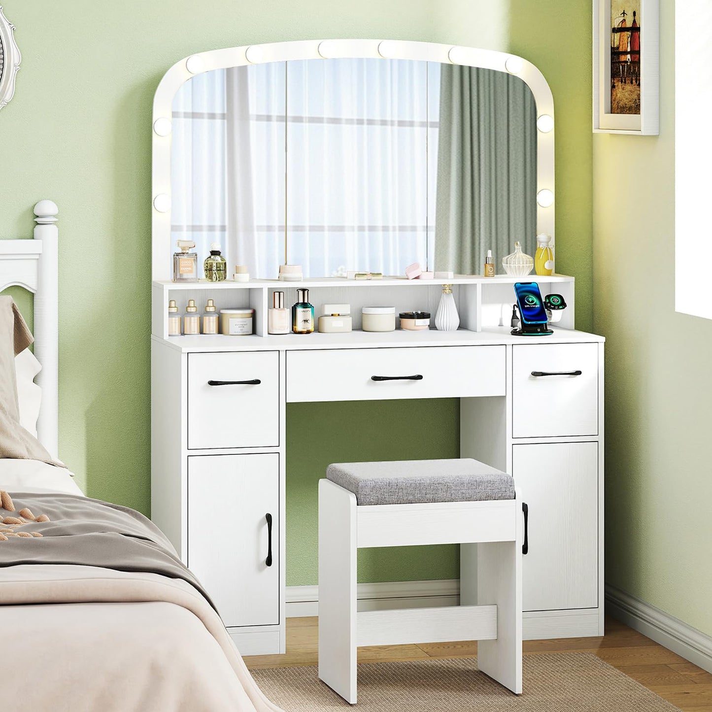 CHARMAID White Vanity Desk with Arched Mirror and Lights, Large Makeup Vanity Table with Charging Station, Storage Drawers & Cabinets, Modern Dressing Table with Stool for Bedroom
