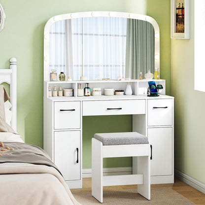 CHARMAID White Vanity Desk with Arched Mirror and Lights, Large Makeup Vanity Table with Charging Station, Storage Drawers & Cabinets, Modern Dressing Table with Stool for Bedroom