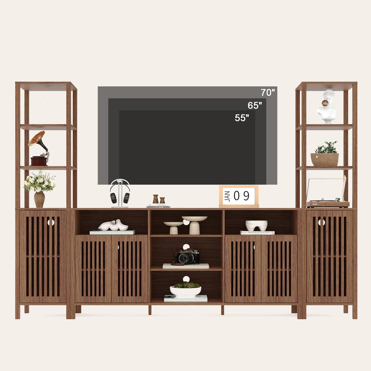 Garvee Large TV Stand with Set of 2 Bookcases, Farmhouse Entertainment Center for 70" Television with Storage Cabinets & Bookshelves, Modern Media Console Table for Living Room, Bedroom