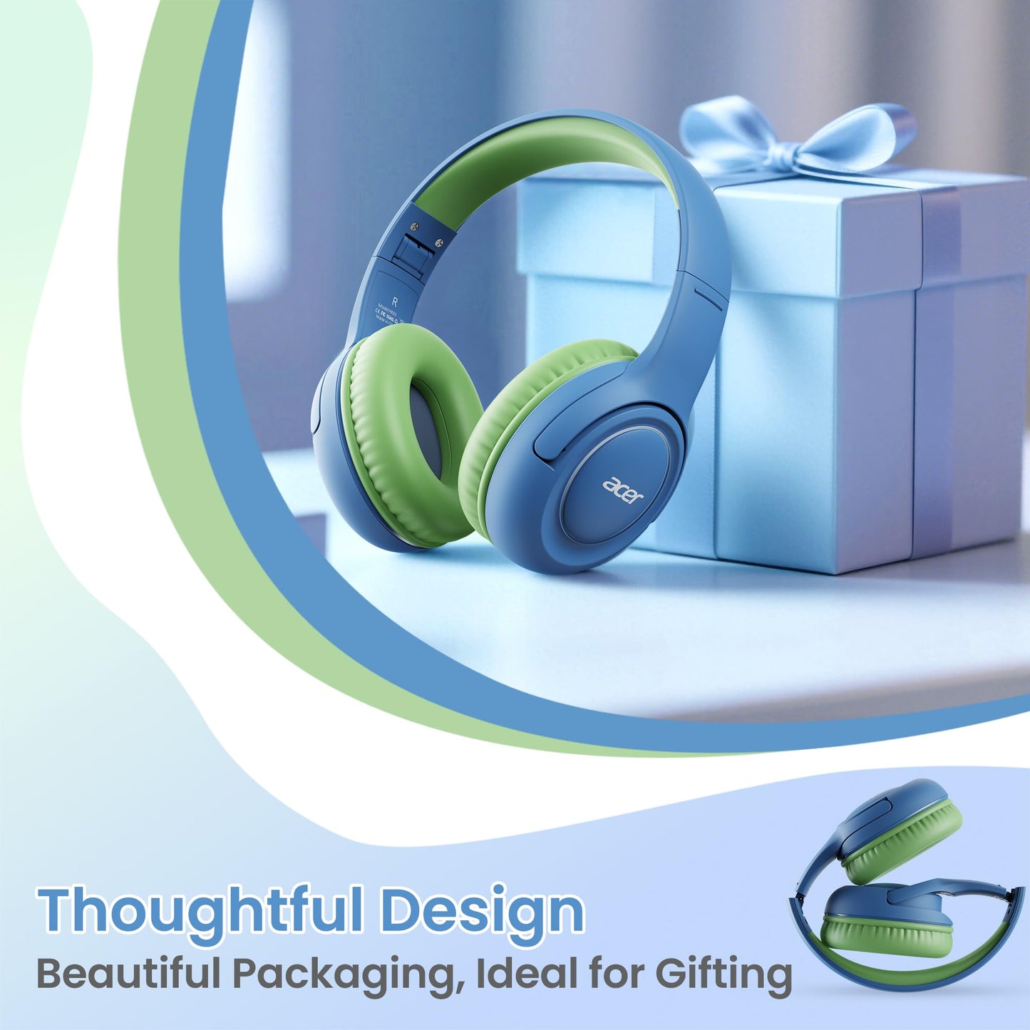 Kids Headphones Wired for School - Over-Ear 85/94dB Volume Limiter, 3.5mm Jack Foldable Stereo Sound Headset for Toddlers Girls Boys Travel Learning Entertainment Tablet Kindle iPad PC Blue Green