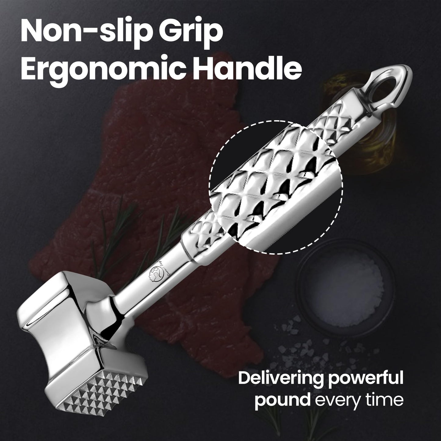 Stainless Steel Meat Tenderizer Tool, Premium Meat Mallet with Non-Slip Grip, Dual-sided Kitchen Mallet Ideal for Tenderizing Steak, Poultry & Chicken Cutlet, Dishwasher Safe with Lifetime Replacement