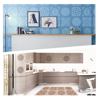 INFUNLY 9PCS/Set Mandala Flowers Wall Stencils for Painting 12x12 Mexican Tile Stencil Art Flower Concrete Floor Stencils Reusable Drawing Template for Painting Wood Canvas Furniture Patio Home Decor
