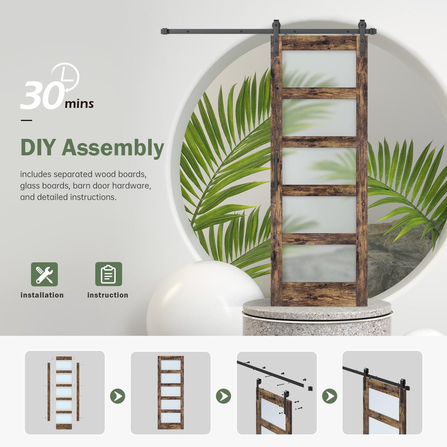 ROYMELO 32x84 Inch Glass Sliding Barn Door Slab and 5.5ft Hardware Kit Included, 5 Frosted Glass, LVL Wood Panel Covered with Brown Water-Proof Scratch-Proof PVC Surface, Simple DIY Assembly