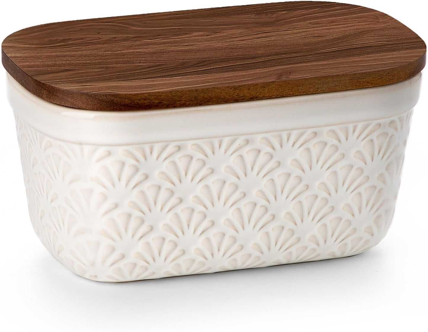 Countertop, Nucookery Ceramic Butter Dish, Embossed Butter Keeper with Wood Lid for Butter Holder and Container
