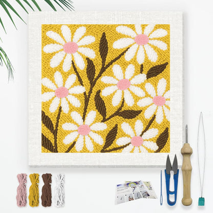 Doodlream Daisy Flowers DIY Punch Needle Embroidery Kit for Adult Beginner, 9.4" Floral Punch Stitching Craft Set for Starter with Frame, Fabric Pattern, Threader, Yarn, Pinch Needle
