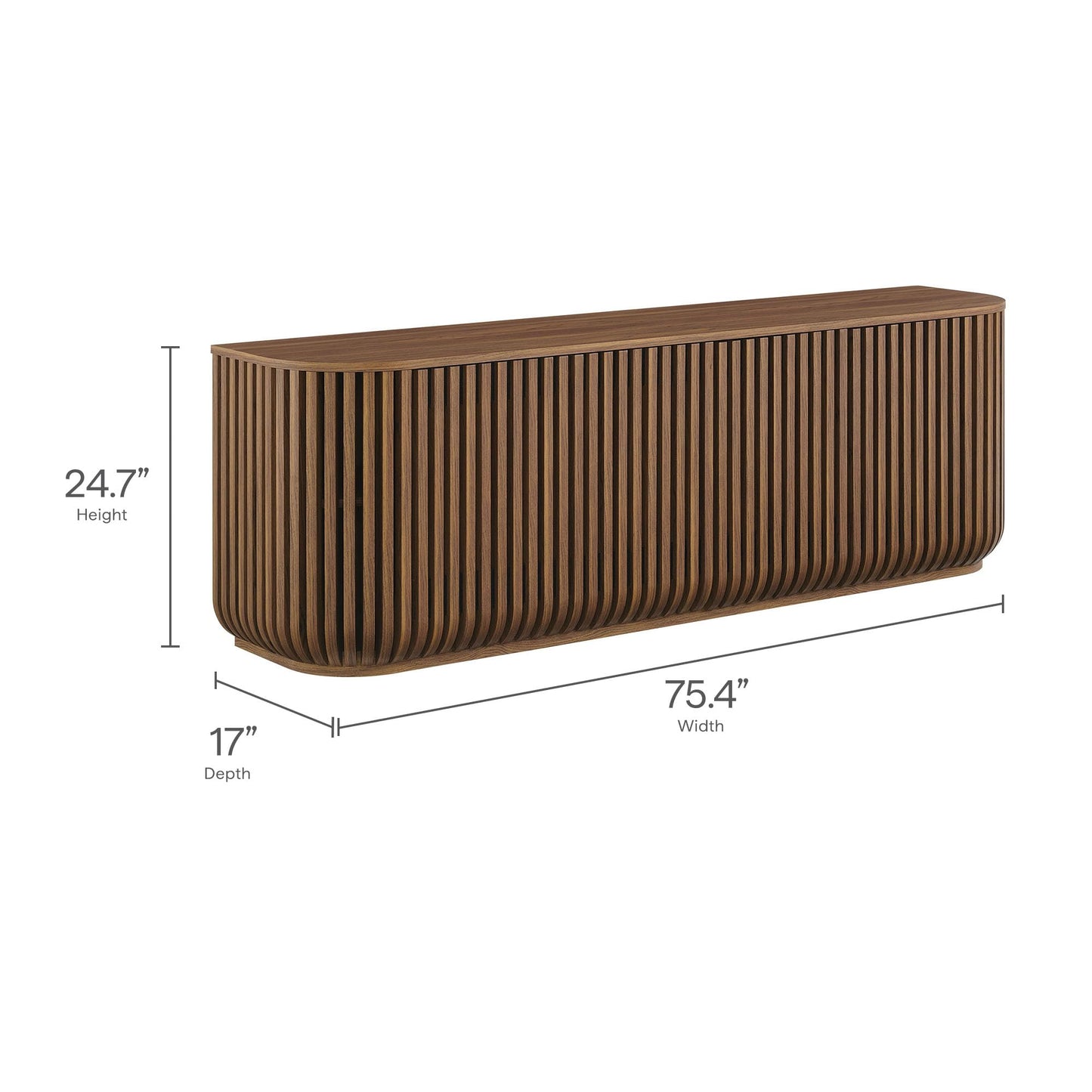 Modway Fortitude 75" Fluted Curved Sideboard Buffet with 4 Doors in Walnut – Modern Media Console TV Stand with Adjustable Shelves and Cable Management – Office Credenza Storage Cabinet