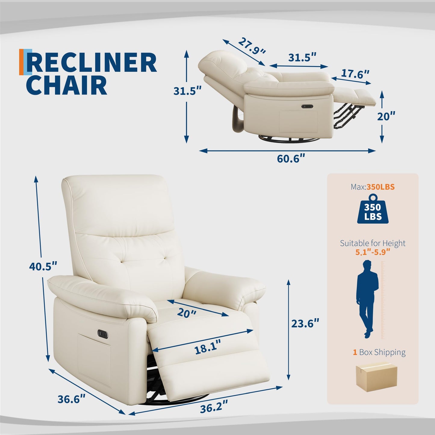 Garvee Power Recliner Chair with 270° Swivel and Rocking, Electric Glider Nursery Chair with USB Charging Port, PU Leather Upholstery and Button Tufted Backrest for Living Room, Cream