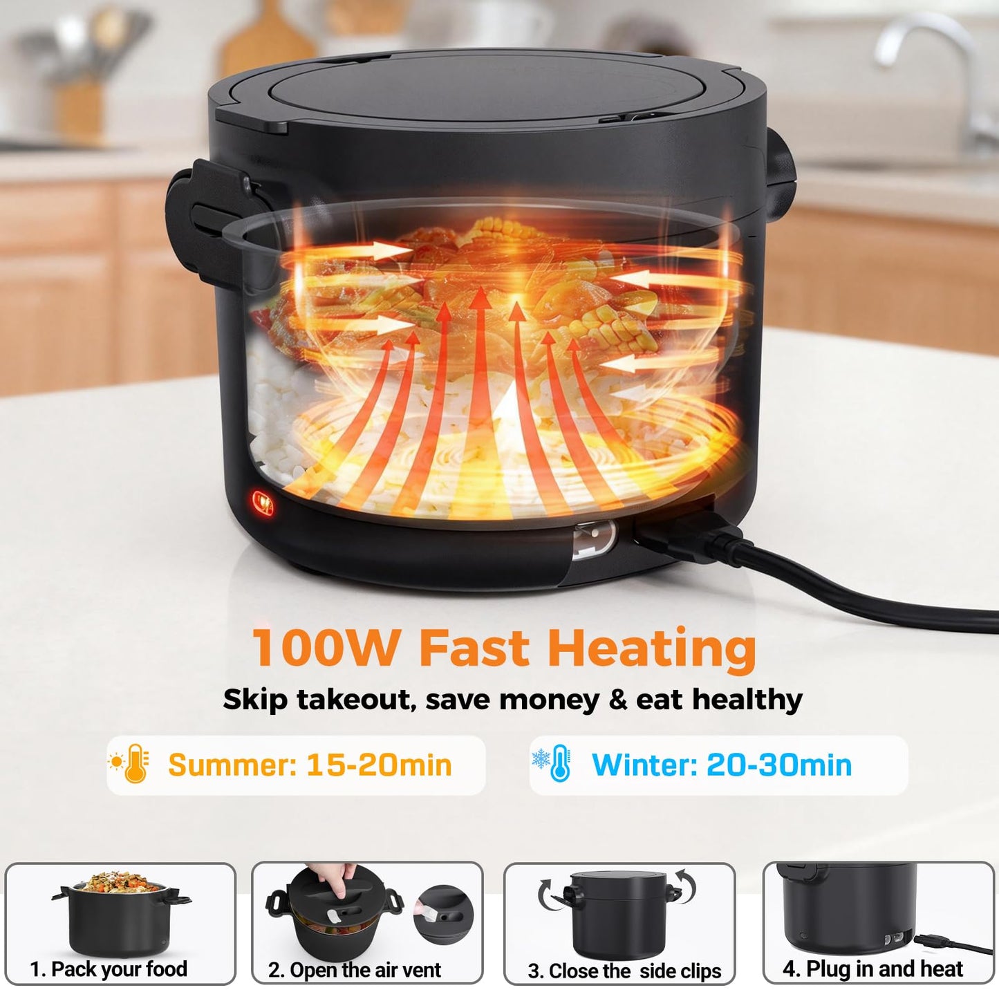 CDBEEE 33oz Electric Lunch Box, 100W Portable Food Warmer Heater, 12V/24V/110V 3-in-1 Lunch Warmer Portable for Work/Office/Car/Travel, Warming Soup & Meal, Spill-Free, Men & Women's Gifts