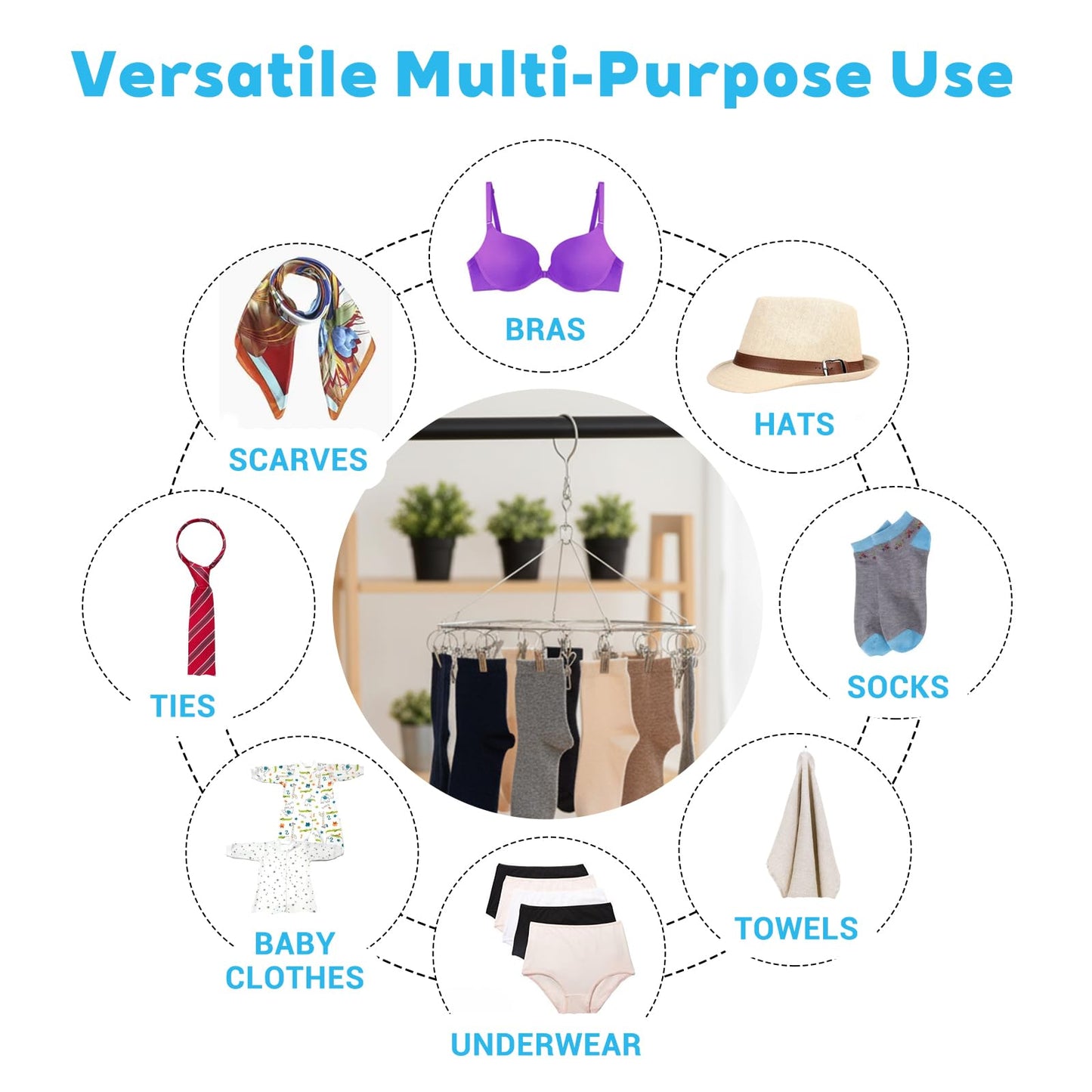 Kegeeei 5 Pack Stainless Steel Hanging Drying Rack with Clips - Foldable Laundry & Plant Dryer for Socks, Underwear, Bras, Towels, Spices & Flowers