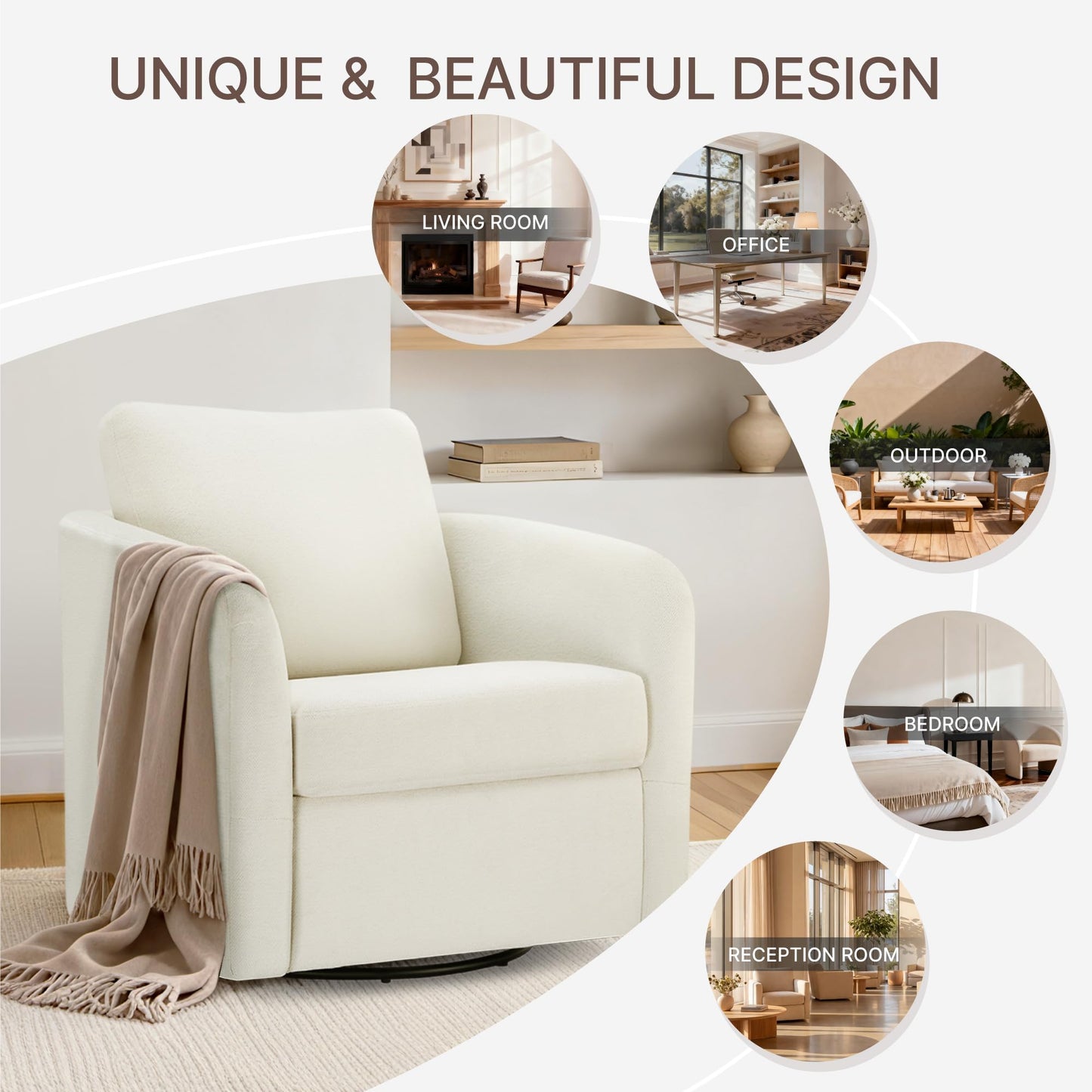 Swivel Accent Chair, Upholstered Barrel Chair with Washable Slipcover for Living Room Bedroom Reading Waitingroom,Cream White
