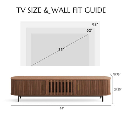 POVISON Fully-Assembled Mid Century Modern TV Stand for 75+ inch TV, Sliding Door Entertainment Center with Storage, Wood TV Console, Media Console for Living Room Bedroom(Walnut, 94.49")