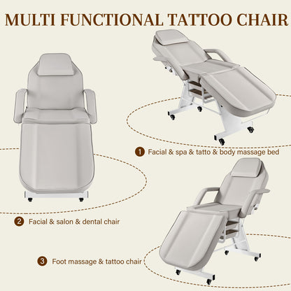 Tattoo Facial Chair with Wheel, Esthetician Massage Bed with Stool, Professional Adjustable Lash Tattooing Table with Breathing Hole Beauty Treatment Salon Spa Artist Equipment with 2-Tary, Grey