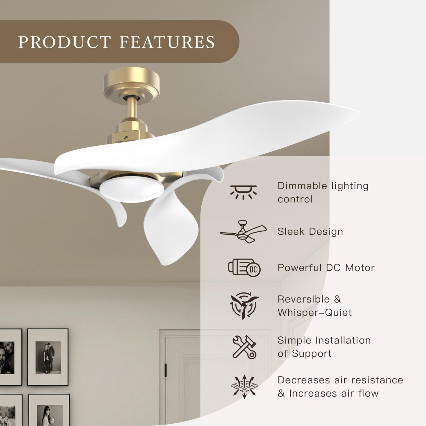 AEROFANTURE Gyro Ceiling Fans with Lights and Remote, 54 Inch Modern Bedroom Ceiling Fan with 3 Sculpted Blades, Reversible Ultra Quiet DC Motor, 3CCT Dimmable LED, 6 Speeds for Living Room Patio