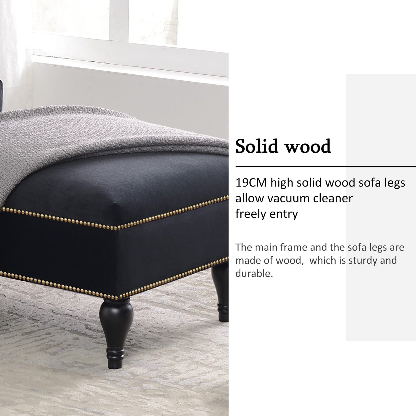 GDFStudio 58" Upholstered Chaise Lounge Chair Indoor, Modern Velvet Lounge Chaise with Button Tufted Arm, Nailhead Trim & Solid Wood Legs, Sleeper Bed Recliner Chair for Living Room Bedroom, Black