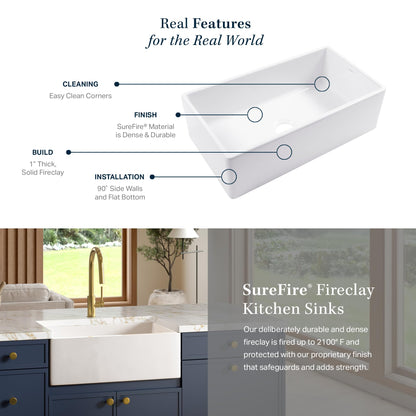 Sinkology Austen 30 Inch Black Fireclay Farmhouse Kitchen Sink, Single Bowl, Apron-Front, Undermount Installation, Fits 33 Inch Cabinet, Surefire Finish