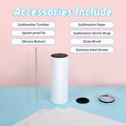 HTVRONT Sublimation Tumblers 12 PCS - 20 OZ Sublimation Tumbler Blanks with Sublimation Paper/Shrink Wrap Films/Heat Tape/Straws/Straw Brush - Sublimation Blanks Products for Gift/DIY Craft