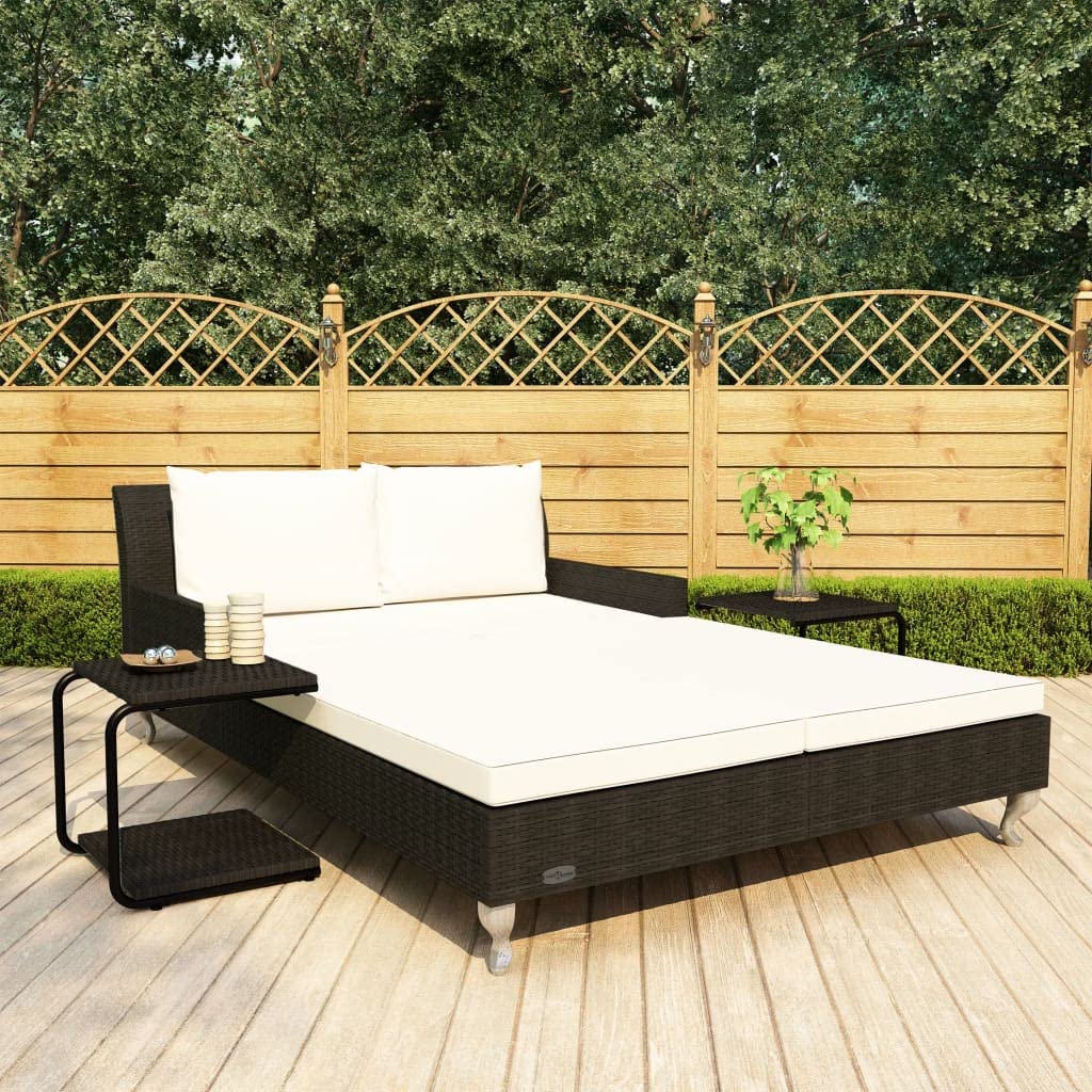 HGKMBRY 2 Person Sun Lounger with Cushions, Garden Sun Bed for Two in Black Rattan with Cream White Cushions for Patio and Outdoor Relaxation