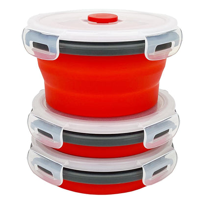 CCyanzi 3piece Round Collapsible Bowl with Lids, Silicone Food Storage Containers, Microwave & Freezer Safe, Space Saving for Kitchen Cabinet and Camping Backpack,(Pink)
