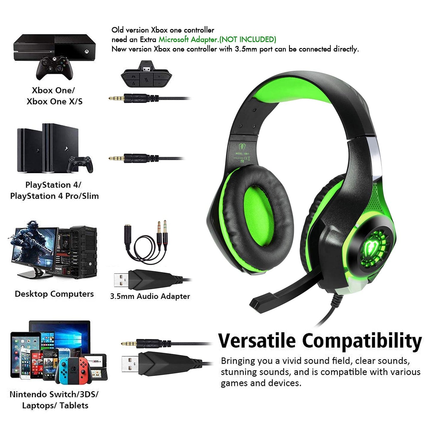 BlueFire Wired Gaming Headset for PS4 PS5 Xbox One PC – Over-Ear Headphones with Surround Sound, Noise Canceling Mic, Soft Memory Foam, LED Light, 3.5mm Jack for Console & Laptop (Green)
