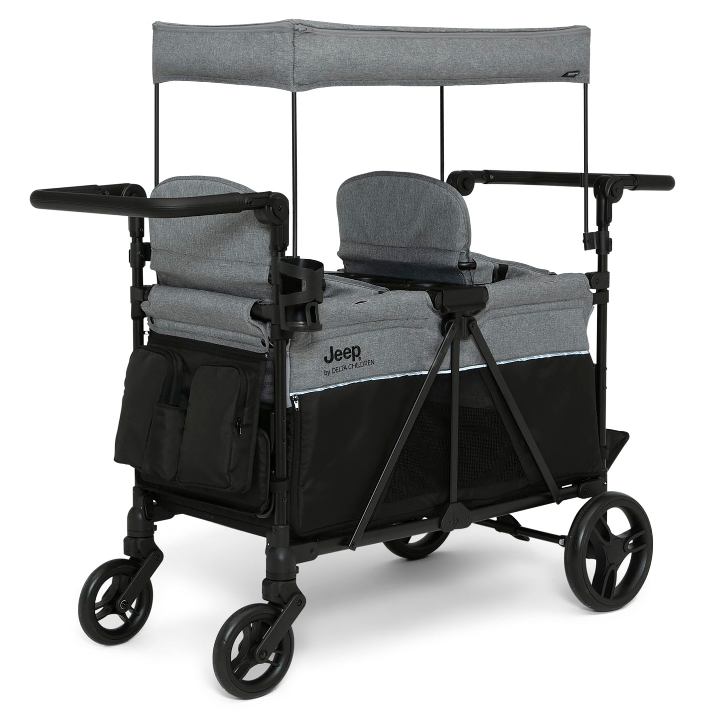 Delta Children - Jeep Aries Stroller Wagon - Premium Wagon for 2 Kids with Convertible Seats, Adjustable Push/Pull Handles, Removable Canopy & Flat Fold - Greenguard Gold Certified, Grey