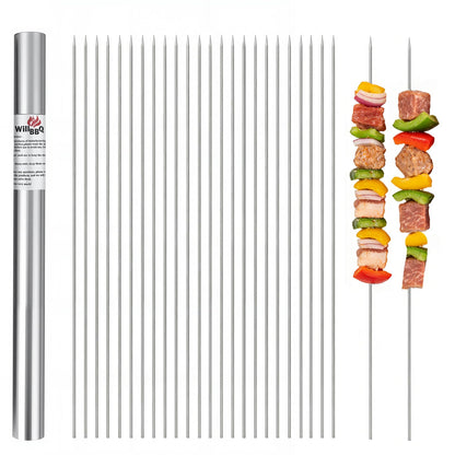 WillBBQ 100PCS 13" Round Stainless Steel BBQ Skewers with Metal Storage Tube - Reusable Grilling Sticks for Lamb, Beef, Chicken, Shrimp, Vegetables