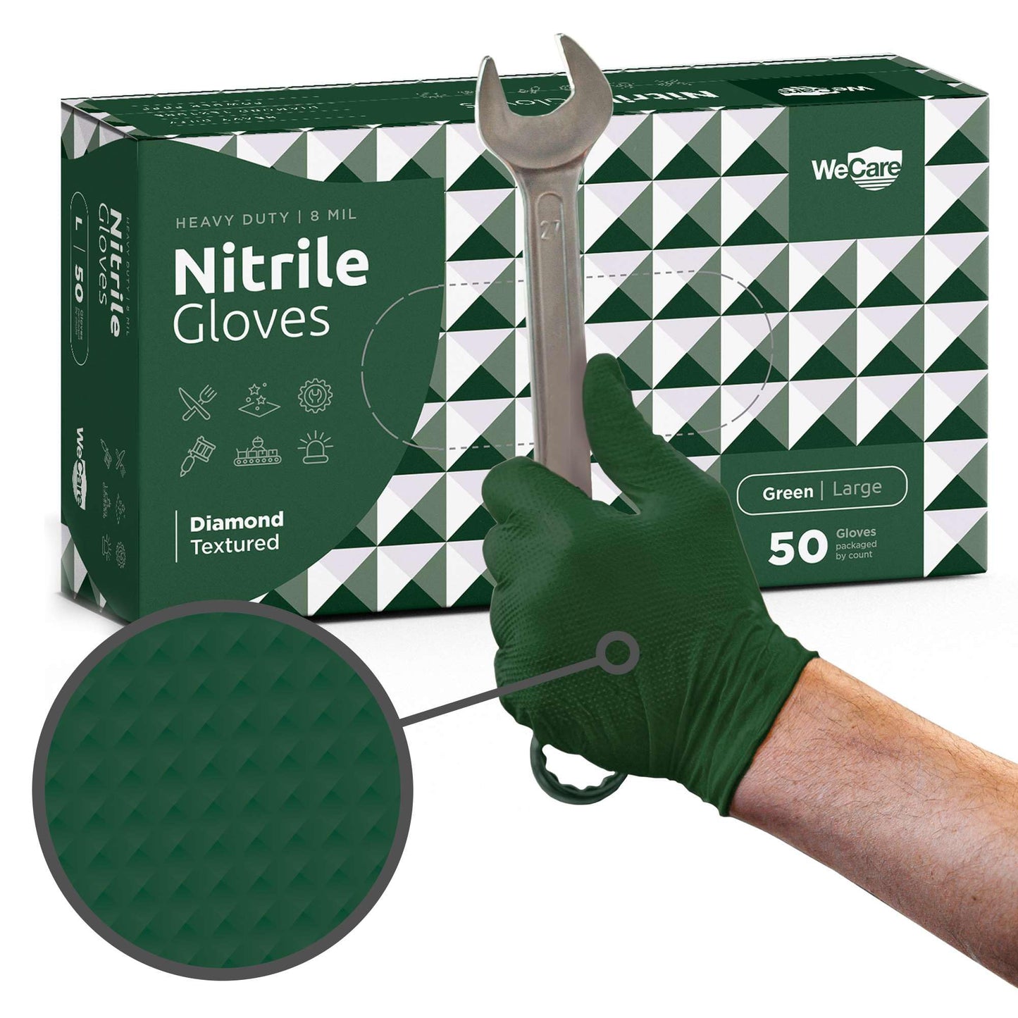 WECARE Green 8 Mil Nitrile Gloves Medium 50 Pack - Heavy Duty Mechanic Gloves, with Diamond Grip - Powder and Latex Free Disposable Gloves