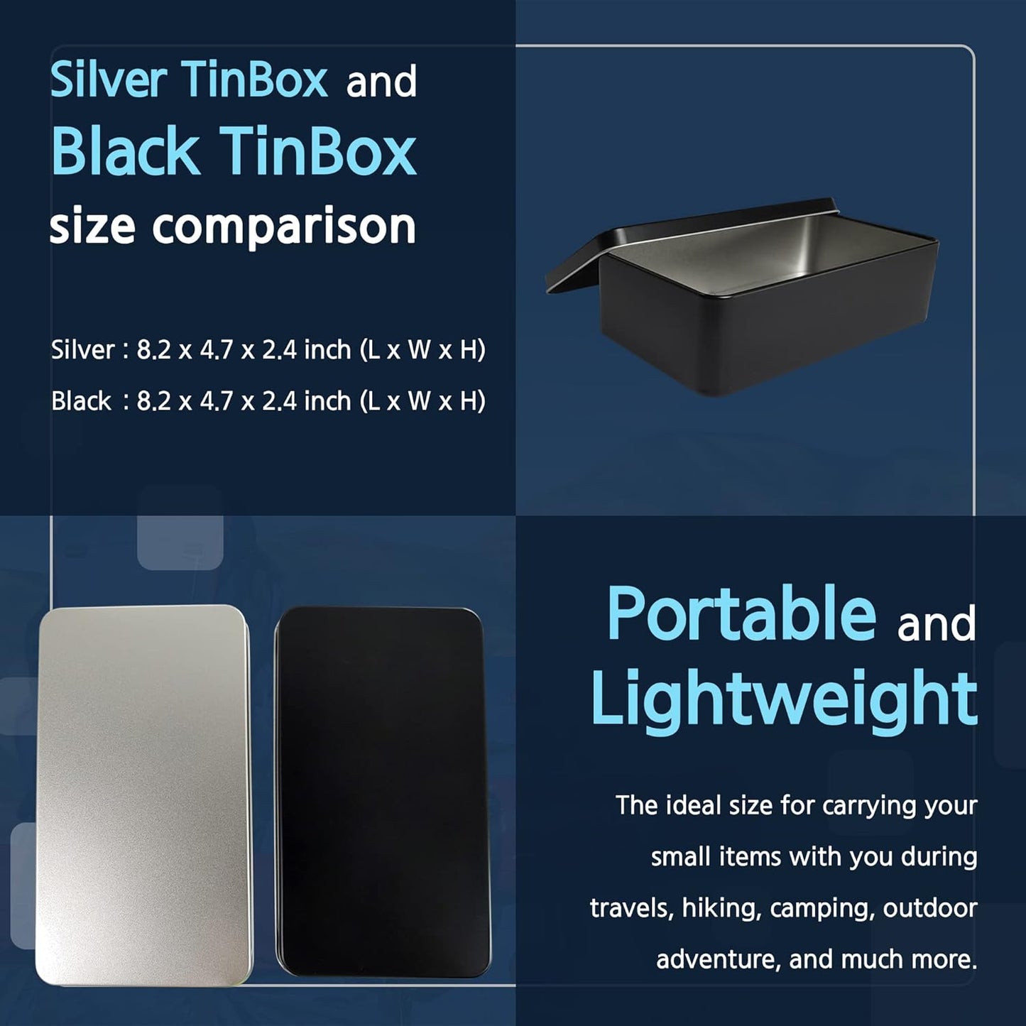 Black Metal Tin Box Lids - Large Containers for Keeping Car Keys, Cookies, Pencil Case, 8.2 x 4.7 x 2.4 inch