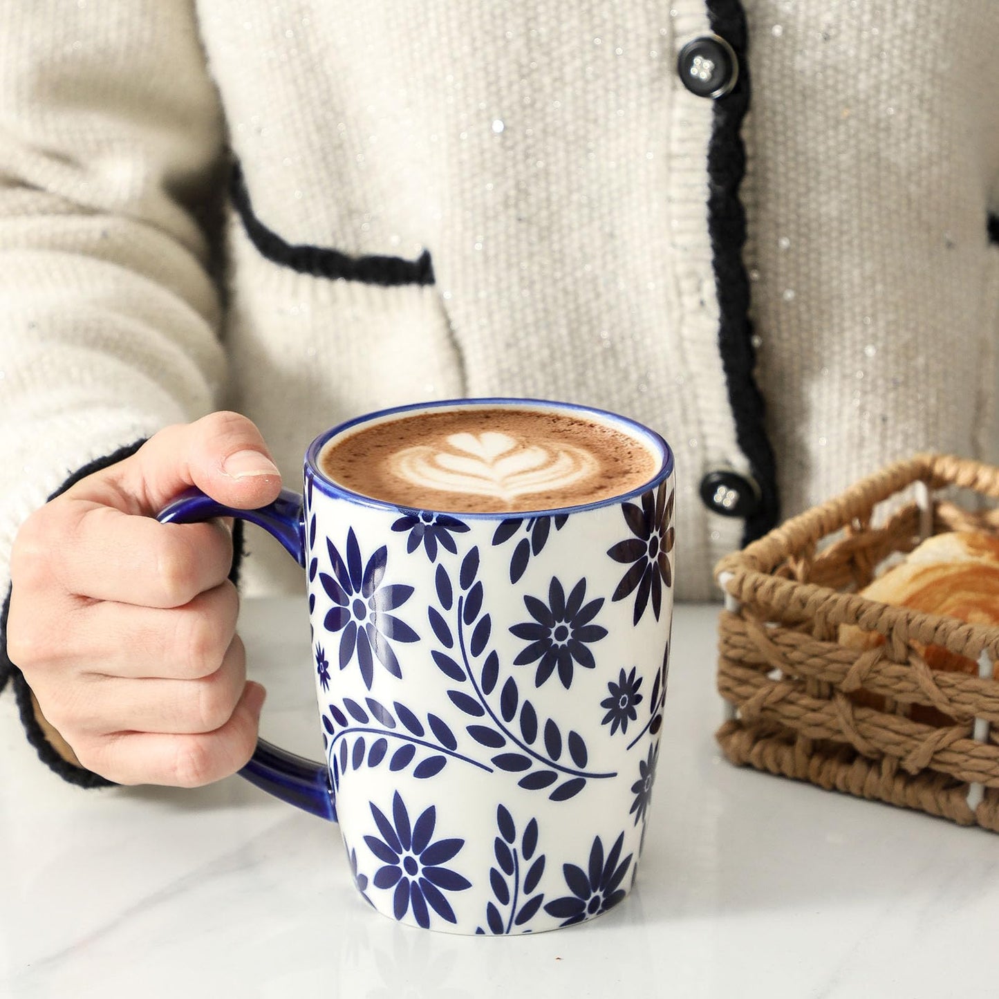 HASENSE Coffee Mugs Set of 6, 15OZ Ceramic Coffee Mugs with Blue and White Floral Patterns, Elegant Large Coffee Cups for Coffee, Tea, Latte & Cappuccino, Microwave & Dishwasher Safe, Vintage Blue