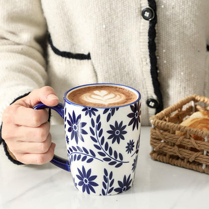 HASENSE Coffee Mugs Set of 6, 15OZ Ceramic Coffee Mugs with Blue and White Floral Patterns, Elegant Large Coffee Cups for Coffee, Tea, Latte & Cappuccino, Microwave & Dishwasher Safe, Vintage Blue