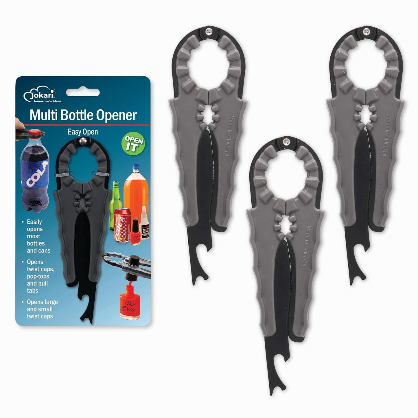 Jokari 3-Pack Multi Bottle Opener – Jar Lid Opener, Can Tab Lifter, Twist Cap Gripper – Ergonomic Kitchen Tool for Weak Hands or Arthritis – Opens Soda, Beer, Nail Polish, and More