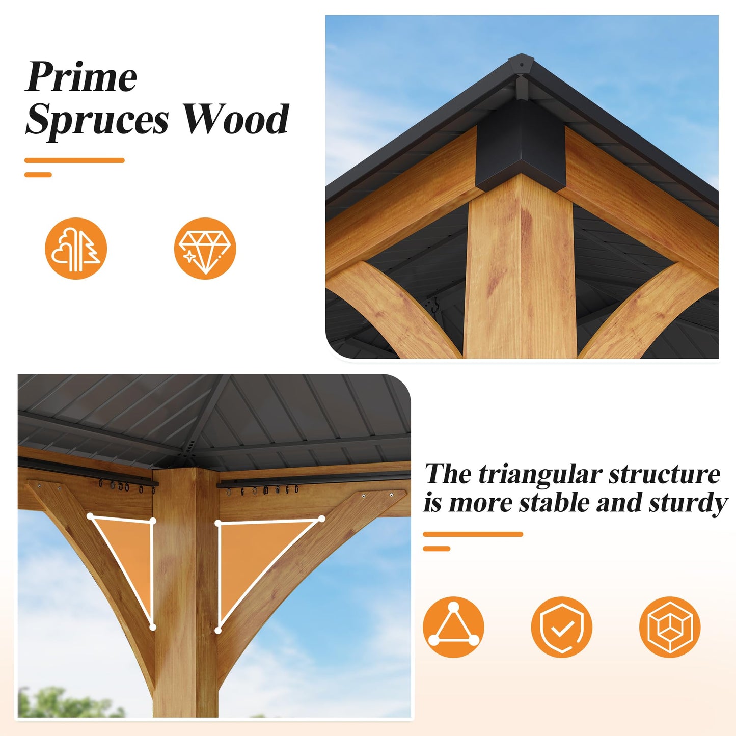 GARTOO 11’x 13’ Outdoor Spruce Wood Gazebo - Patio Hardtop Gazebo Permanent Wooden Pavilion with Privacy Curtains and Netting & 2 Shelves, Steel Roof Wooden Gazebos for Garden, Porch, Lawn, Backyard