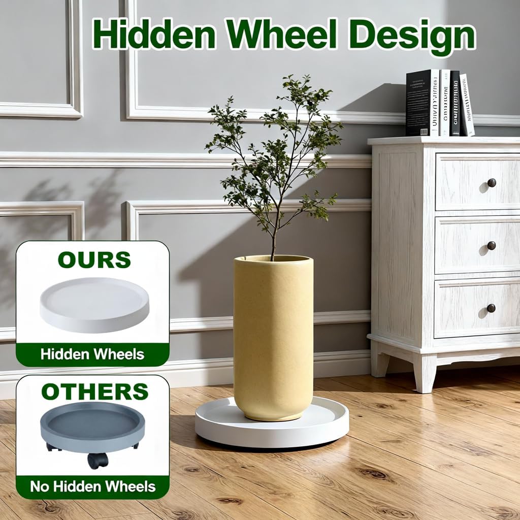 12.4" Wheels,2Pack Ornaments(12.4 inch) Plant Caddy with Hidden Gray+Light Gray Round Heavy Duty Rolling Plant